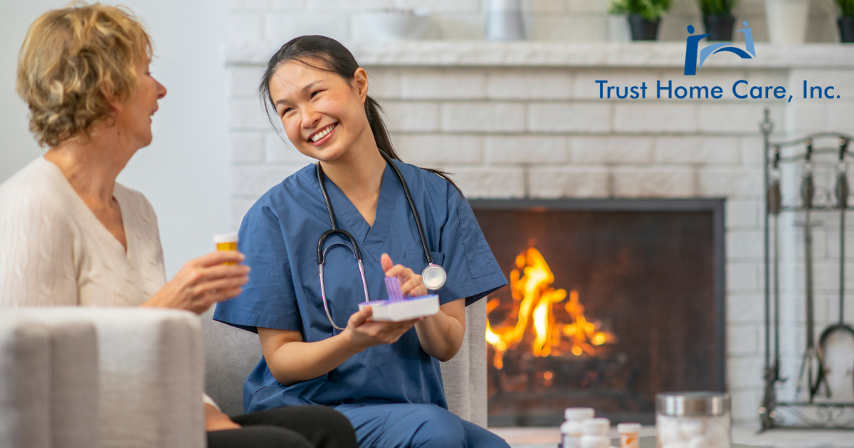 An in-home nurse from a quality home health care agency helps a senior patient with their medications.