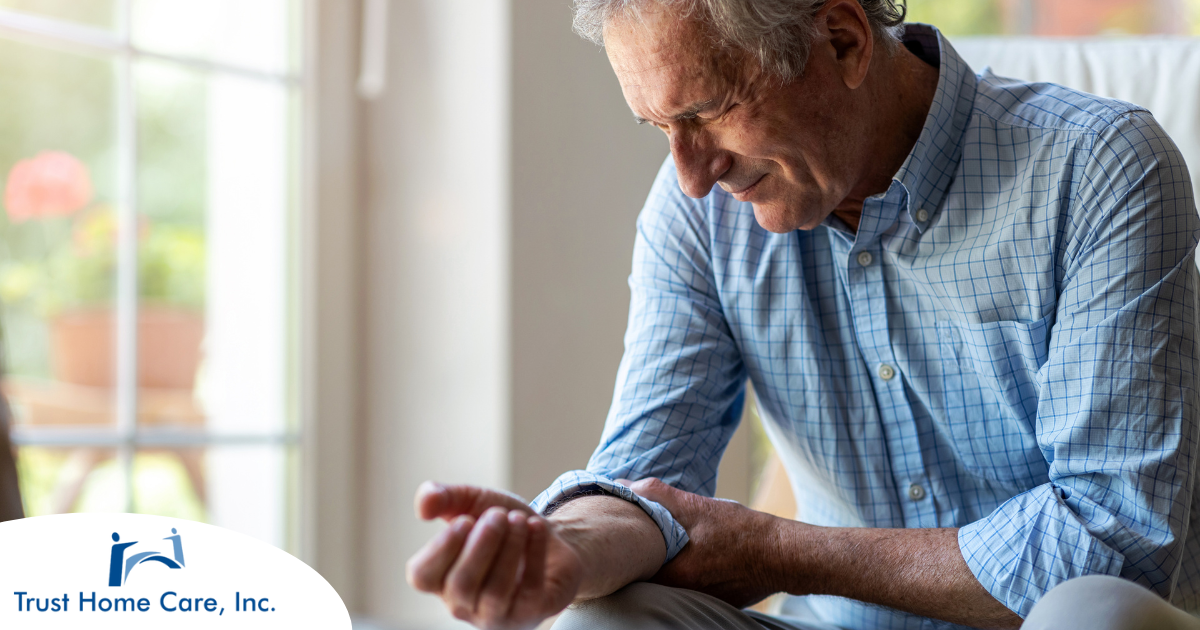 A senior man struggles with managing arthritis pain in his elbow.