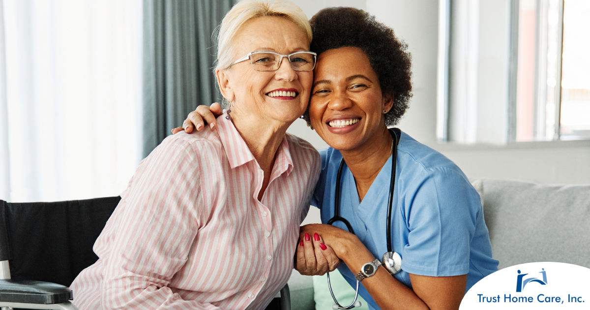 A nurse hugs a senior client at home showing how being in home health as a licensed practical nurse can be rewarding.