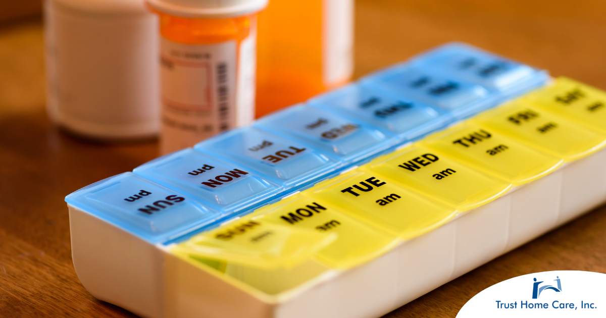 Medication bottles and a weekly pill box represent medication management.