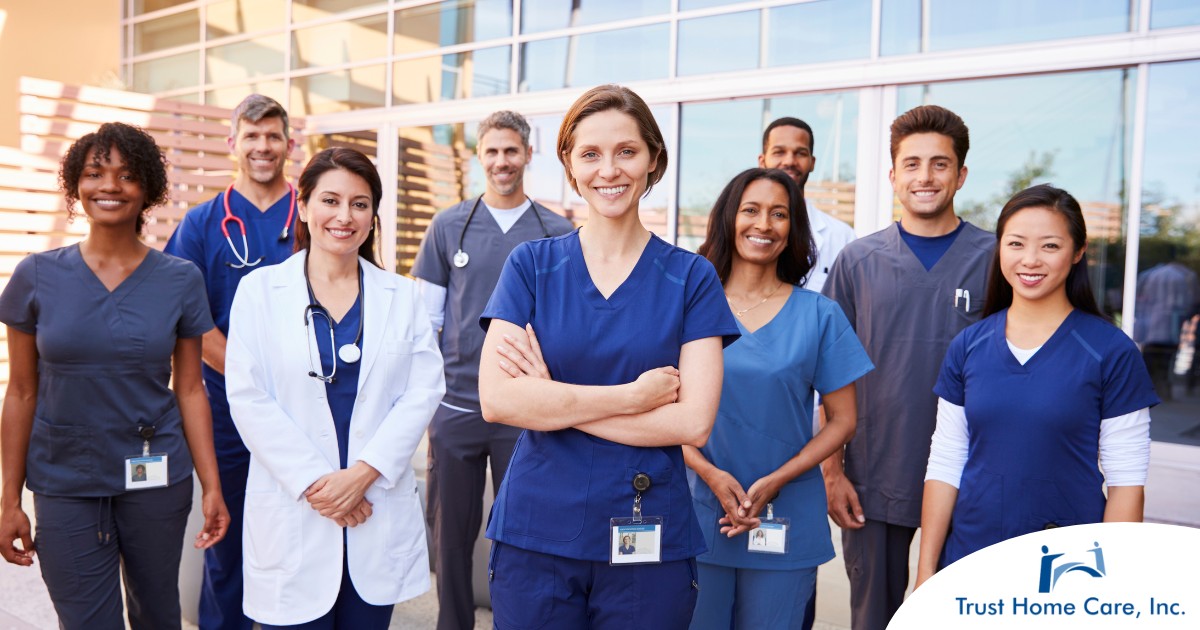 A variety of happy healthcare workers represent the various roles that can come from a career in home health.
