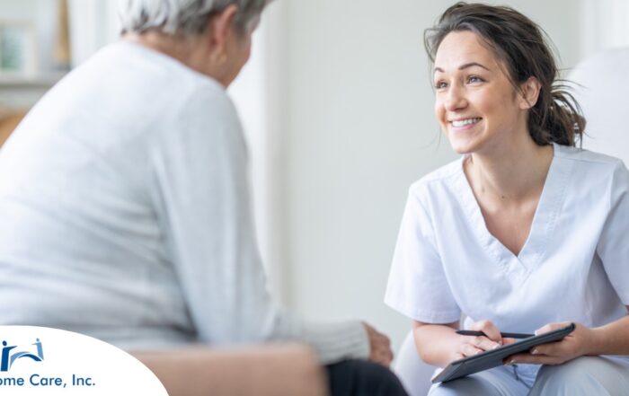 A woman smiles while with a client representing the pros of the home care industry.