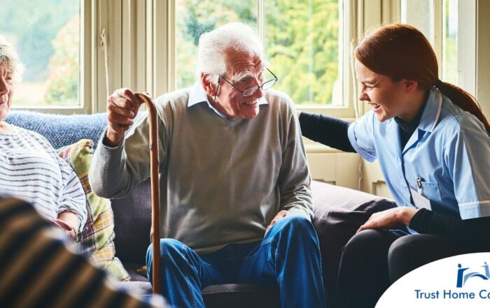 A woman has a good time with her older clients, representing the kind of personal skills needed to be a good caregiver.