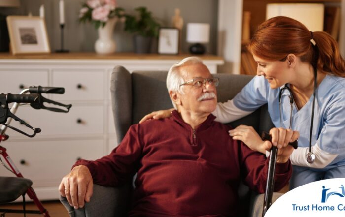 A caregiver helping a woman with a walker make her senior home safer.