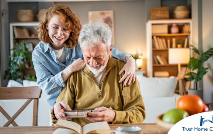 Caregiver and elderly dementia sufferer in-home care.