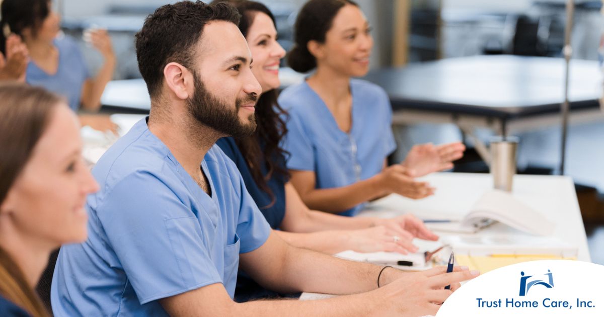 Senior caregivers attend a professional development course.
